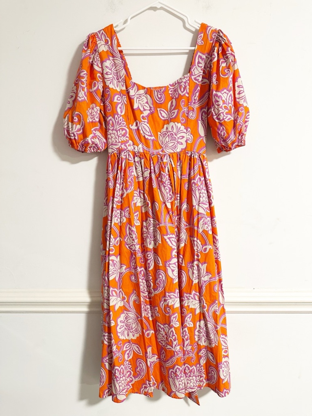 Flying Tomato Floral Smocked Mini Dress Orange Purple Puff Sleeve Size L
